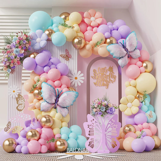 153-teiliges Ballon-Set | Macaron Pink & Lila mit Schmetterlingen, Gänseblümchen & Folienballons – Perfekt für jede Feier!