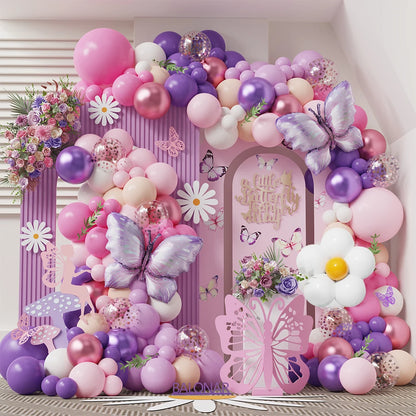 153-teiliges Ballon-Set | Macaron Pink & Lila mit Schmetterlingen, Gänseblümchen & Folienballons – Perfekt für jede Feier!