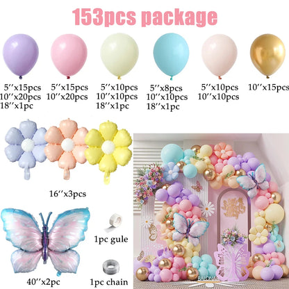 153-teiliges Ballon-Set | Macaron Pink & Lila mit Schmetterlingen, Gänseblümchen & Folienballons – Perfekt für jede Feier!