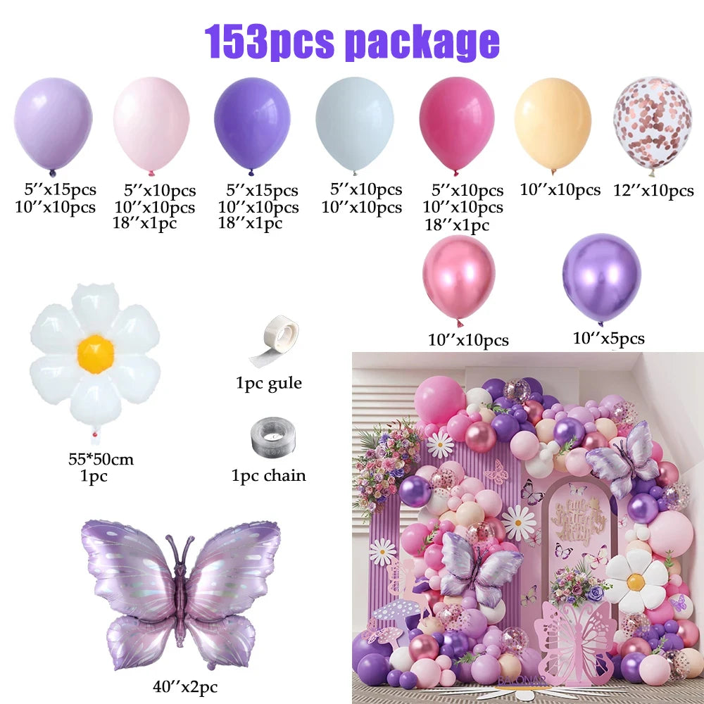 153-teiliges Ballon-Set | Macaron Pink & Lila mit Schmetterlingen, Gänseblümchen & Folienballons – Perfekt für jede Feier!