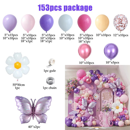 153-teiliges Ballon-Set | Macaron Pink & Lila mit Schmetterlingen, Gänseblümchen & Folienballons – Perfekt für jede Feier!